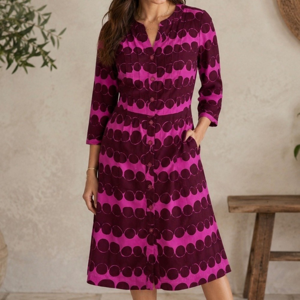Boden Magenta Plum Purple Corduroy Dot Print Pintuck Shirt Dress Sz 10L